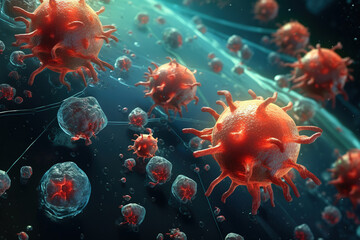 Lymphocytes attacking viruses. - obrazy, fototapety, plakaty