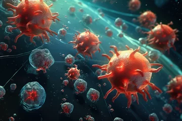 Fotobehang Lymphocytes attacking viruses. © arhendrix