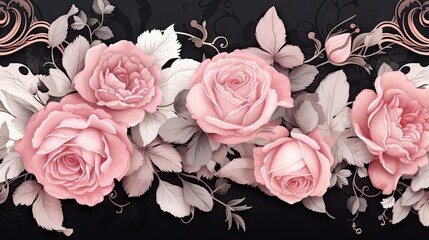  a group of pink roses with leaves on a black background.  generative ai