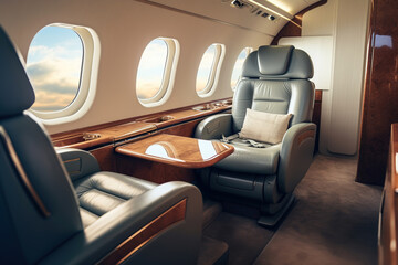 Luxury business jet plane airplane private jet empty interior during flight fast bright luxurious seat leather chair materials windows glass wealth journey flying evening landing style stylish design