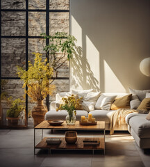 intérieur d'un appartement ensoleillé avec canapé en tissu et décoration sombre et épurée avec plantes d'intérieur, grand baie vitrée qui fait entrer la lumière