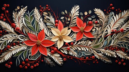  a painting of flowers and leaves on a black background with red berries.  generative ai