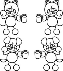 歯磨きをするわんまるとにゃんまるの線画セット　犬　猫
