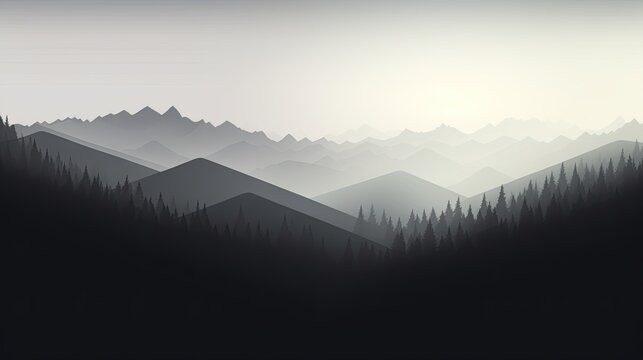  a black and white photo of a mountain range with trees.  generative ai
