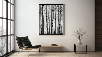  a black and white picture of a tree in a room.  generative ai