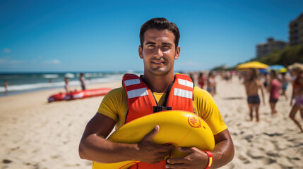 Handsome lifeguard on standby on the beach - obrazy, fototapety, plakaty