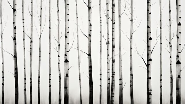  a black and white photo of a grove of trees in winter.  generative ai