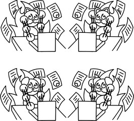 猛烈にパソコン仕事をするわんまるとにゃんまるの線画セット　犬　猫
