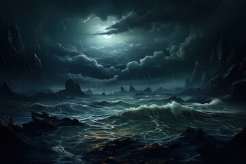 Fantasy landscape with stormy sea. 3D render illustration. Generative AI - obrazy, fototapety, plakaty