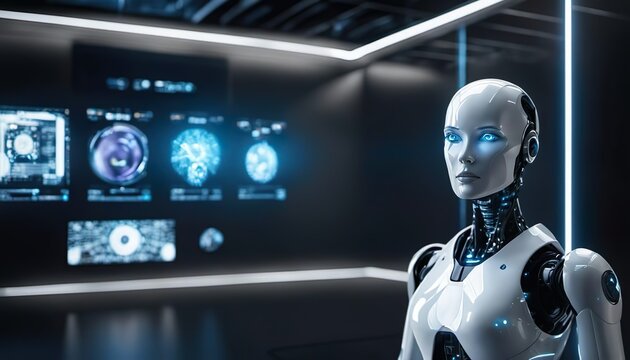 An artificial intelligence humanoid robot in a data center