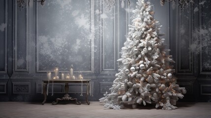 a white christmas tree in a room with a chandelier.  generative ai