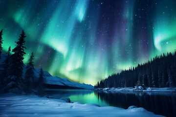 Aurora boreal paisaje bonito - obrazy, fototapety, plakaty