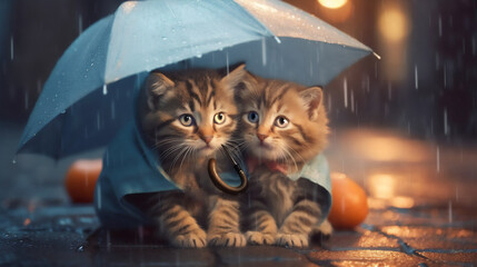 kitten on a rainy day かわいい２匹の子猫と雨傘 - obrazy, fototapety, plakaty
