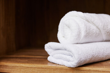 Obraz na płótnie Canvas Home care white bathroom soft background clean spa cotton towel body hygiene bathe shower