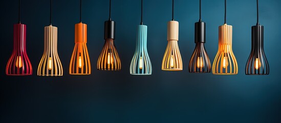 Scandinavian style wooden chandeliers suspended on vibrant backdrop