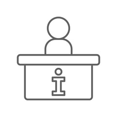 Stand desk information icon, counter, reception, trade, service, outline style. Reception desk, info support  service. Editable stroke pictogram.Vector illustration. Design on white background.