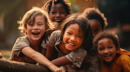 group of multi racial children are playing together with joy happiness and laughter expressions - obrazy, fototapety, plakaty