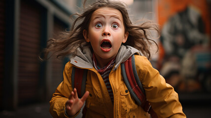 portrait of a scared school girl running away from danger