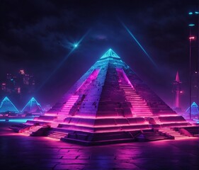  An ancient stone pyramid in neon light