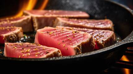 Delicious Pan seared Ahi Tuna in a cast iron Skillet
