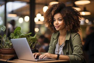 Attractive young black woman with short curly hair working on laptop in cafe or coworking space. Close up