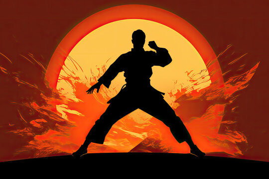 TaeKwondo Martial artist silhouette in uniform on orange sun with flame. Fighting stance