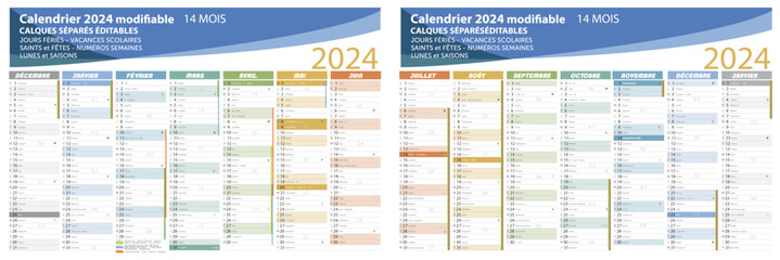 calendrier 2024, 14 mois, vectoriel, calques séparés évitables avec les vacances scolaires, saints, semaines, lunes, fériés, saisons - obrazy, fototapety, plakaty