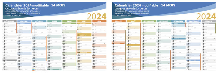 calendrier 2024, 14 mois, vectoriel, texte, calques séparés évitables avec les vacances scolaires, saints, semaines, lunes, fériés, saisons