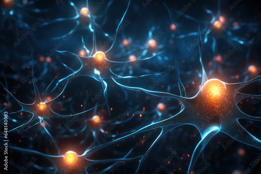 Poster neuron cells with light pulses on a dark background