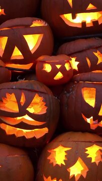 A lot of halloween lantern pumpkins heads scary and creepy faces in the dark