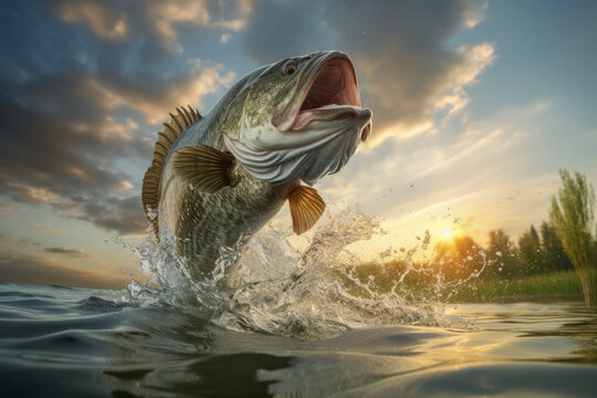 Black bass that jumps and swims on a lake waving in the wind in background of sunset light with sky and sunlight. Lifestyle concept for fishing and hobbies.