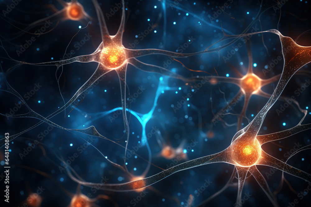 Poster neuron cells with light pulses on a dark background