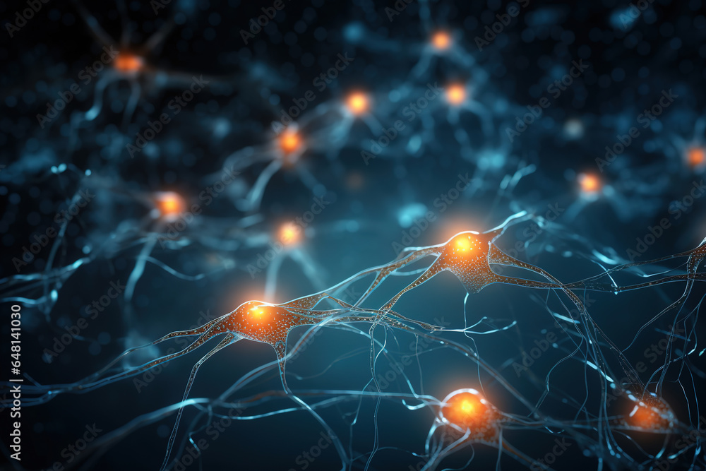 Poster neuron cells with light pulses on a dark background