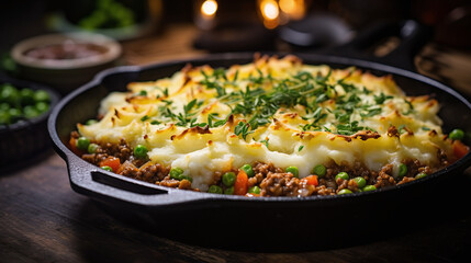 Delicious Shepherds Pie in a cast iron Skillet
