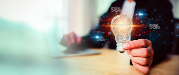 Hand touch virtual for brain digital technology system development or big data knowledge learning innovation future digital transformation.