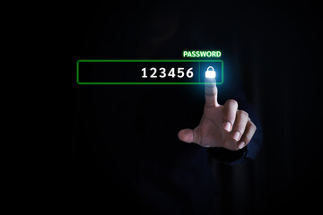 Businessman hand touch screen login username and easy password identity or sign up register of cyber security, internet access, join social or personal data protection or forget pass key unlock.