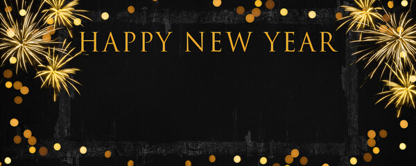 Happy New Year 2024, Silvester New Year's Eve firework party celebration holiday greeting card - Gold year date on golden fireworks, dark night background