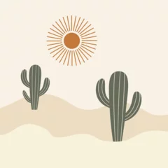 Poster Abstract modern desert landscape with cacti and sun. Earth and beige colors. Decor in boho style. Vector illustration © sunshinys