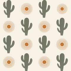 Seamless pattern of cacti with sun, sunny desert. Vector illustration for your design. - obrazy, fototapety, plakaty