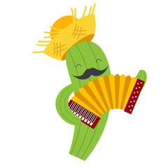 Cactus in a hat with an accordion. Vector illustration in flat style.