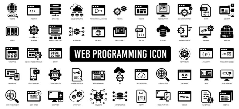 Programming icon set including workflow, landing page, website, error, dashboard, web slider, program, develop, workflow, coding
