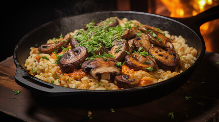 Delicious Mushroom and Sausage Risotto in a cast iron Skillet
