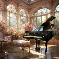  A mansion with bay windows and a grand piano 
