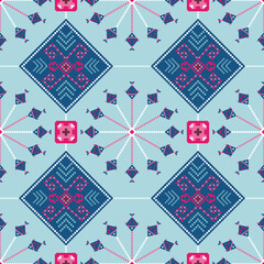 Blue red fish geometric ethnic oriental pattern traditional .Aztec style,embroidery,abstract,vector,illustration.design for texture,fabric,clothing,wrapping,decoration,carpet,print.

