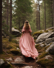 On a crisp autumn day, a beautiful woman in a pink dress strolled through the forest, surrounded by the vibrant colors of nature, creating a peaceful and stunning scene