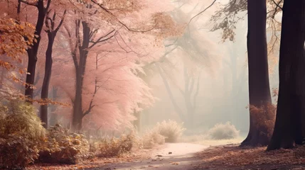 Fotobehang Pantone 2025 Mocha Mousse On a crisp autumn morning, a mysterious fog blankets a deciduous woodland, illuminated by the soft pink hues of the trees, creating a surreal and enchanting landscape and beauty  © Glittering Humanity