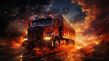 Truck on fire at night, Generative AI