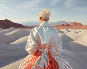 An autumn-clad woman stands gracefully in the vast desert, her white robe billowing in the wind like a dreamy reflection of the mountains against the brilliant sky