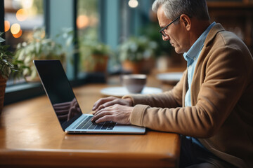 Side view of busy senior man in glasses using laptop in cafe, concentrated man working in coworking space sitting at table indoors
