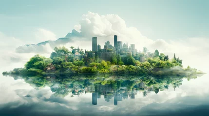 Foto op Plexiglas Double exposure of island with green forest lush and modern cityscape,environmental concept © graja